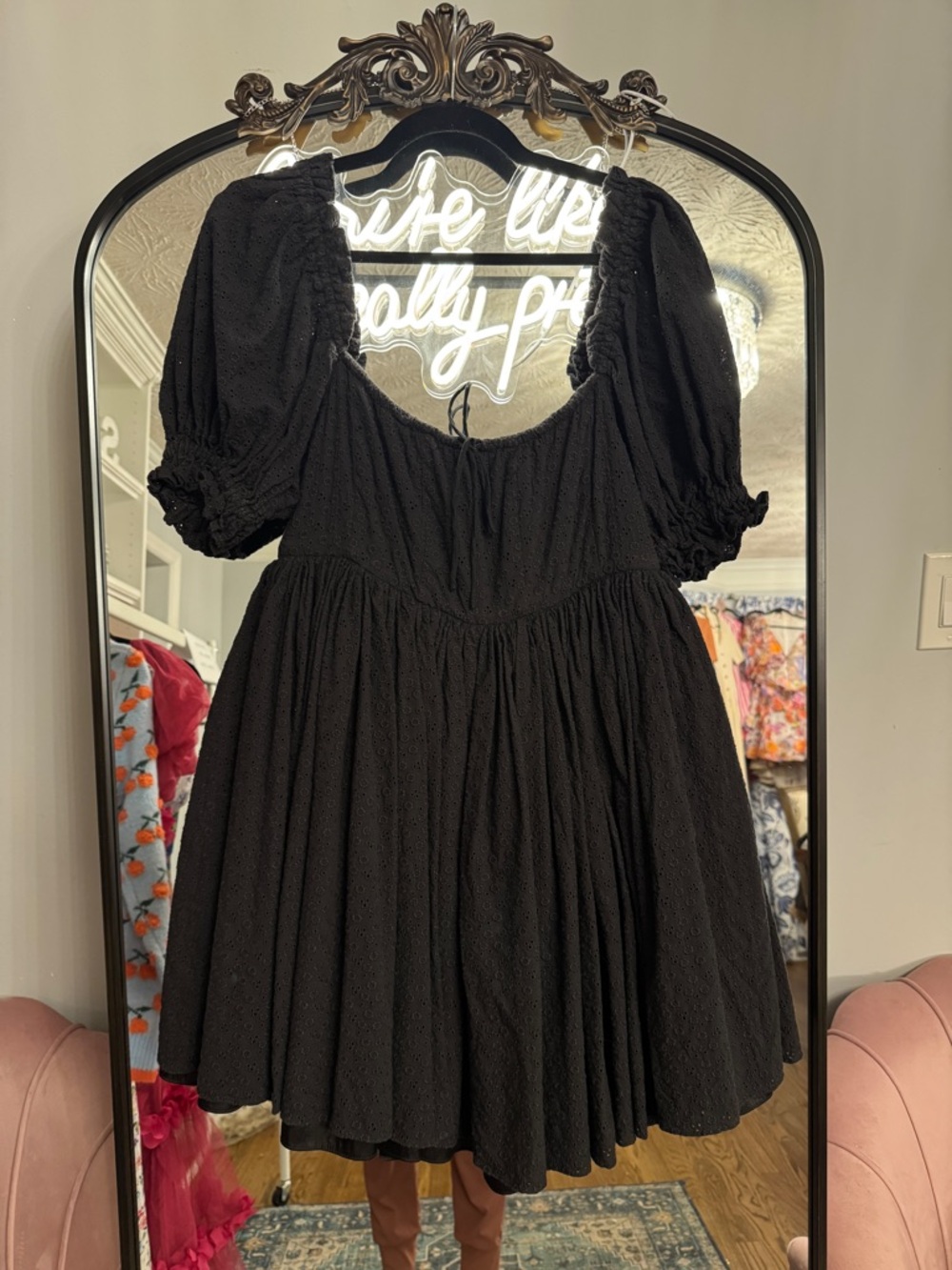 Selkie Beach Day Dress Black Puff-Sleeve Mini Dress - Women's - Picture 5 of 7